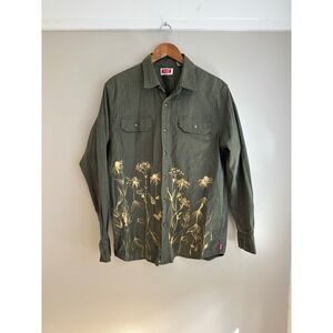 Wrangler Button Down Shirt Women Large Olive Green EUC Bleach Floral Graphic